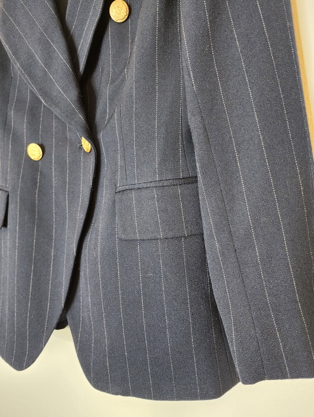 Jones New York Blazer Dsrk Blue Pinstripe Tailored Tuxedo Military Jacket Office - Picture 13 of 16